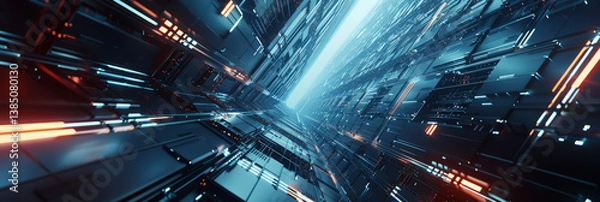 Obraz A futuristic, abstract design background with glowing blue lines and metallic textures.