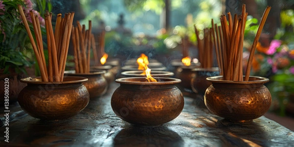 Obraz Traditional brass pots with sugarcane stalks placed at the corners