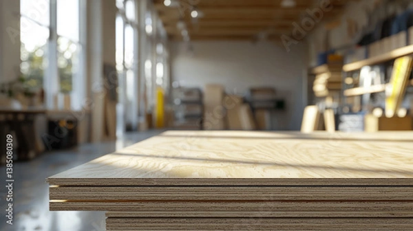 Obraz stack of birch plywood sheets, smooth and light-colored, in a modern carpentry studio