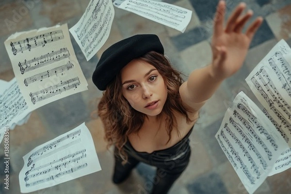 Fototapeta A woman in black reaches for falling sheet music on a staircase, captured from an overhead perspective.