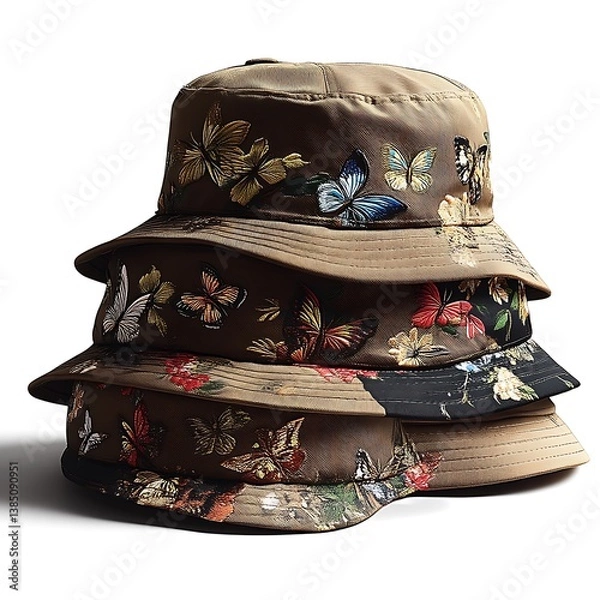 Fototapeta Stacked embroidered butterfly bucket hats, studio shot, lifestyle