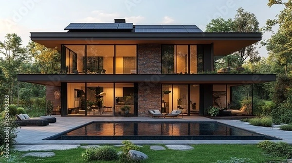 Fototapeta Modern luxury home with solar panels reflecting pool and stunning forest views at dusk Warm lighting illuminates the