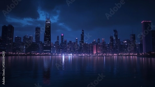 Fototapeta Chicago s mesmerizing skyline at night a breathtaking view of city lights reflecting on tranquil waters under a dramatic