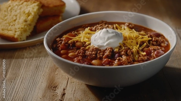 Fototapeta A bowl of hearty chili with beans, ground beef, and a dollop of sour cream. Featuring warmth and bold flavors