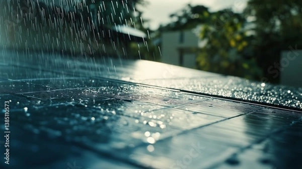 Obraz Rain droplets cascade down solar panels, reflecting sunlight in a serene outdoor setting during the afternoon