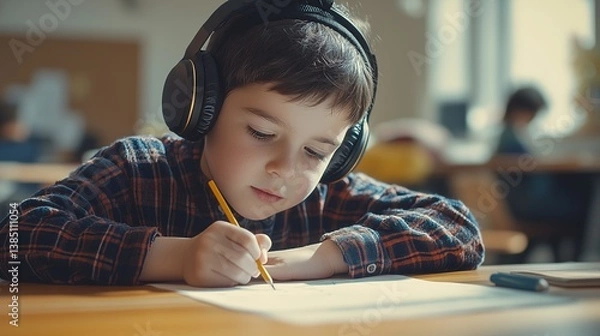Obraz Young boy with headphones focusing on homework in a bright classroom during morning hours