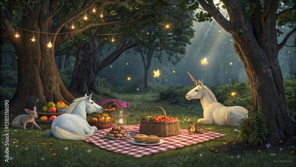 Fototapeta Fairy Tale Forest Picnic with Unicorns and Talking Rabbits Under Glowing Twinkling Trees