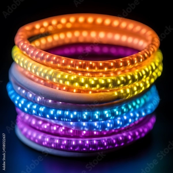 Fototapeta Glowing LED bracelets stacked, dark background, party accessory