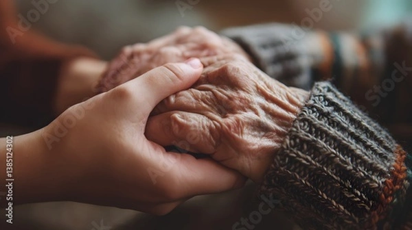 Fototapeta Two hands. A young woman holds the hand of an older woman. Caregiver at home.