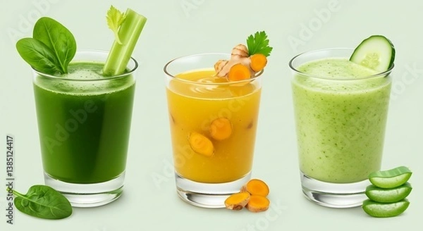 Obraz Healthy detox juice drinks with vegetables and fruits. Fresh smoothies