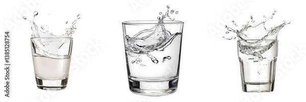 Fototapeta Three glasses with dynamic water splashes.