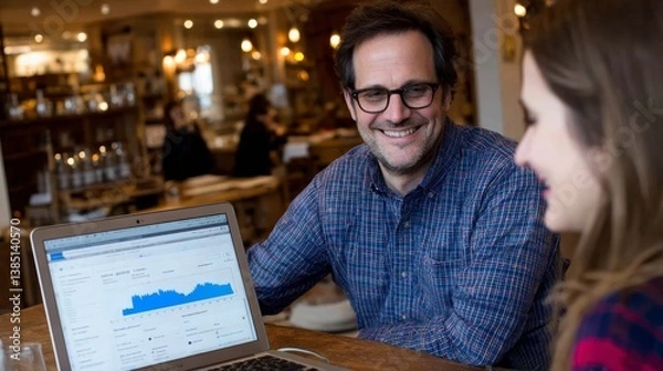 Fototapeta A business consultant interacts with a smiling client during a financial consultation at a wooden desk, creating a warm and inviting environment with soft lighting