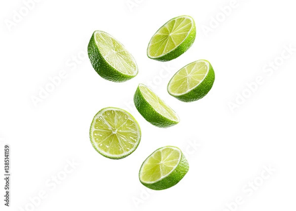 Fototapeta Fresh lime wedges falling on a transparent background. Concept of freshness, citrus, and healthy eating.