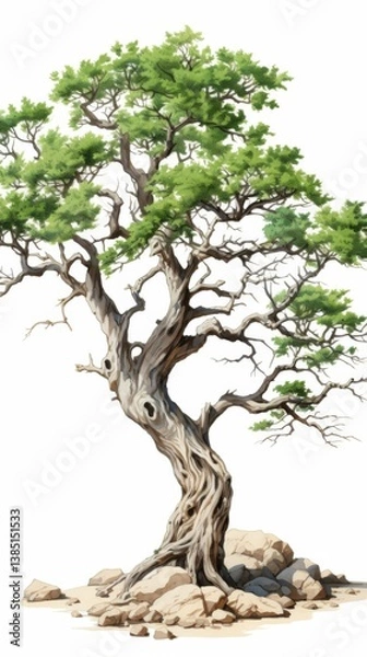 Fototapeta A stunning low poly illustration of a majestic mesquite tree stands tall amidst desert rocks showcasing intricate details of its gnarled trunk and lush green foliage against a