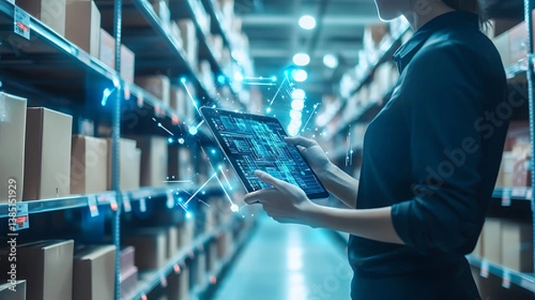 Fototapeta An AI powered smart inventory system tracking product sales and automatically reordering stock based on demand predictions, Retail technology style, photo of
