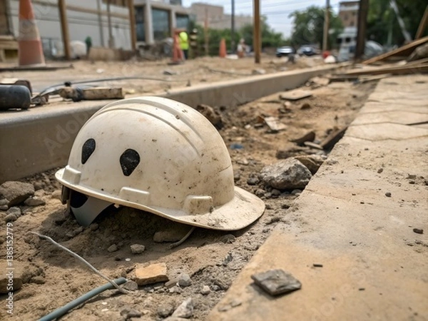 Obraz a punctured construction helmet on the ground