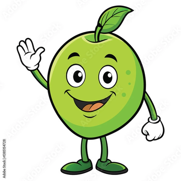 Fototapeta Cartoon Green Apple Mascot Waving Hand with a Smiling Expression