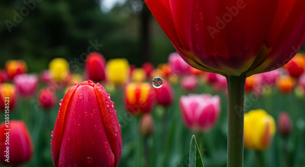 Fototapeta Rain drop on red tulip and tulips in garden,tulip, flower, spring, red, nature, tulips, garden, flowers, 