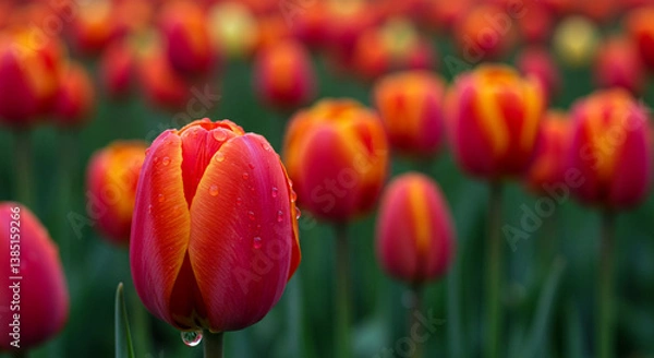 Fototapeta Rain drop on red tulip and tulips in gardenbeauty, plant, blossom, flora, yellow, floral, bloom, field, petal, colorful, color, summer, pink, beautiful, season, day, leaf