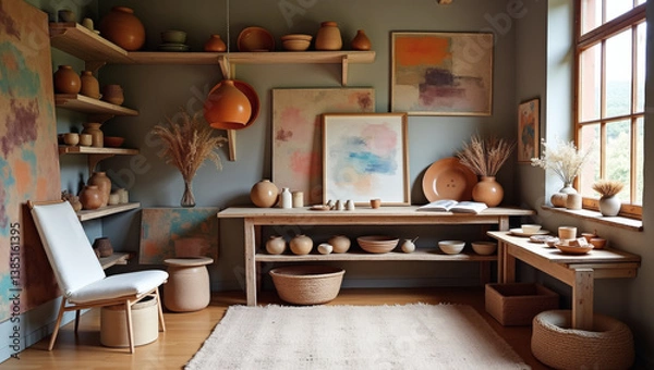 Obraz Rustic Pottery Studio Interior with Natural Light and Earthy Tones