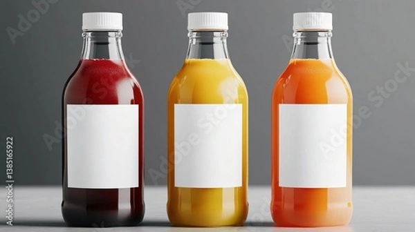 Fototapeta Assorted glass bottles filled with colorful juices with blank labels on a white surface for beverage branding mockup