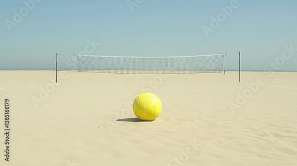 Fototapeta Beach volleyball ball sitting undisturbed in the sand with net and court poles forming a serene composition