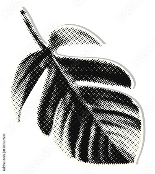 Fototapeta Tropical leaf halftone collage element. Grunge cut out of a magazine shape. Trendy modern retro illustration 100% vector dots texture