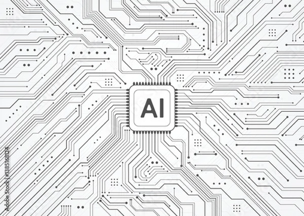 Fototapeta Artificial intelligence chipset on circuit board in futuristic concept technology artwork for web, banner, card, cover. Vector illustration