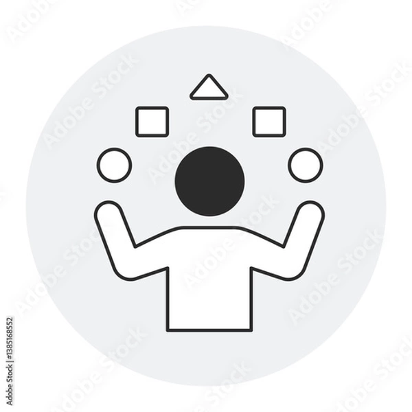 Fototapeta Task Juggling. Flat-outline icon illustrating multitasking and balanced workload management with a person juggling tasks.