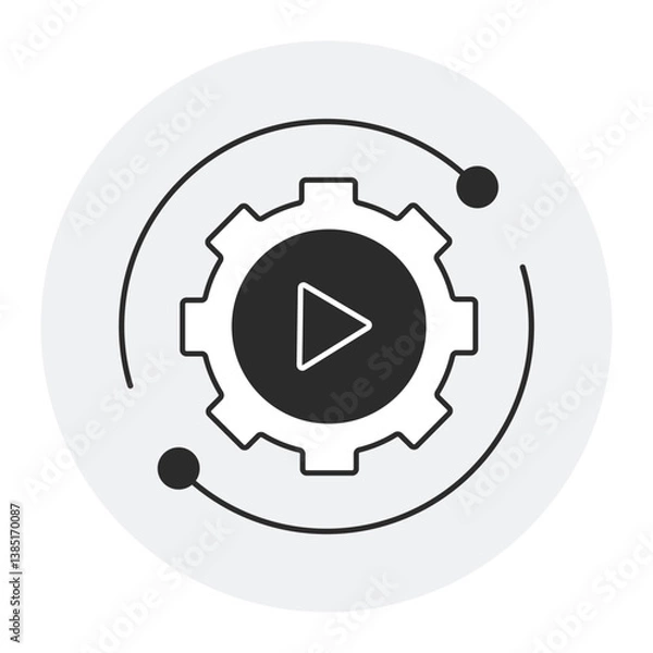 Obraz Automated Execution. Flat-outline icon of gear and play button symbolizing automated systems, workflow automation, and digital operations.