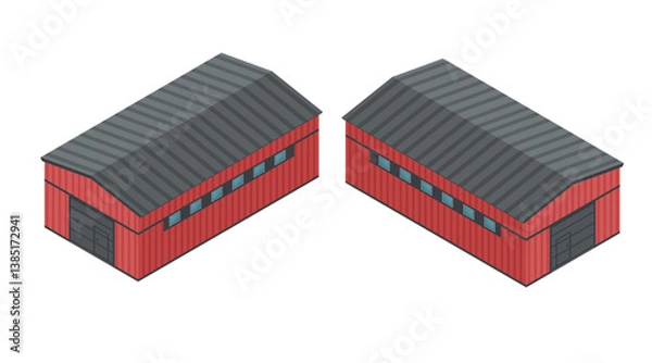 Obraz Isometric set of red industrial buildings. Warehouse structures. Factory facilities. Metal and concrete industrial constructions. Commercial storage buildings. Vector illustration isolated on white