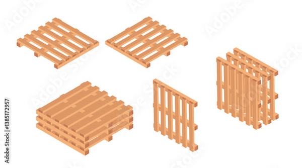 Obraz Isometric set of wooden pallets. Different pallet configurations. Shipping and storage platforms. Warehouse logistics equipment. Vector illustration isolated on white background