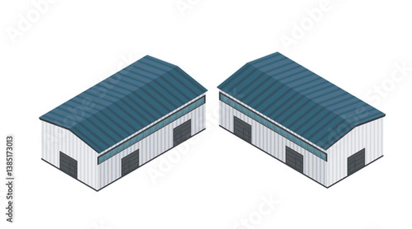 Obraz Isometric set of white industrial buildings. Warehouse structures. Factory facilities. Metal and concrete industrial constructions. Commercial storage buildings. Vector illustration isolated on white