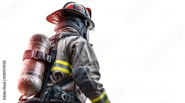 Fototapeta firefighter back view isolated on white background  
