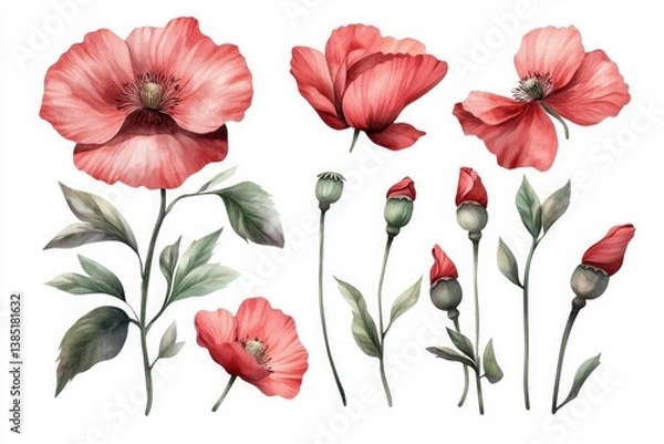 Obraz Watercolor illustration of red poppy flowers and buds with soft green leaves in vintage botanical style