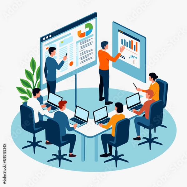 Fototapeta Vector illustration of office team collaboration with people holding laptops, presenting graphs, and discussing ideas. Flat design style, perfect for business and workplace themes.