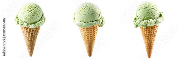 Obraz Three scoops of mint chocolate chip ice cream in crispy waffle cones.
