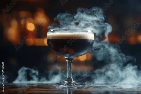 Fototapeta Smoking cocktail glass standing on bar counter with blurred background lights, creating a mysterious and luxurious atmosphere