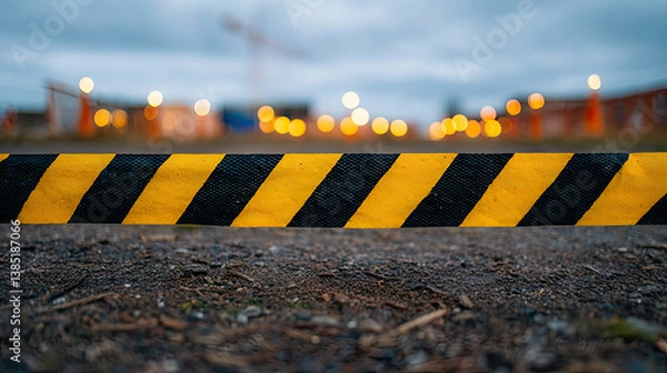 Fototapeta Caution tape safety barrier at construction site with warning stripes scene