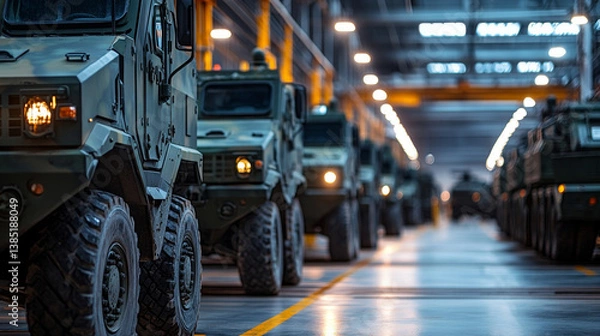Fototapeta Rows of military vehicles are positioned in a large assembly factory illuminated by bright industrial lights at night
