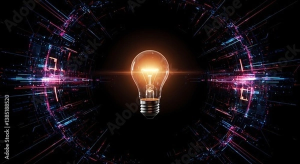 Fototapeta Light bulb glowing in a digital burst on a black background  