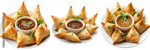 Obraz Crispy golden samosas with sesame seeds and savory dipping sauce.