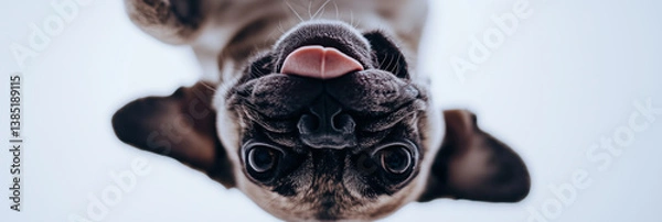 Fototapeta French Bulldog lying on back with tongue out and playful expression