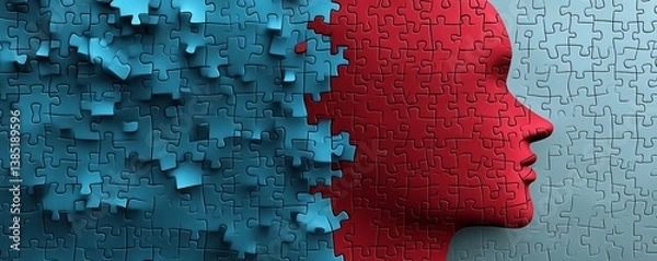 Fototapeta Human head profile completing with red puzzle pieces on blue background