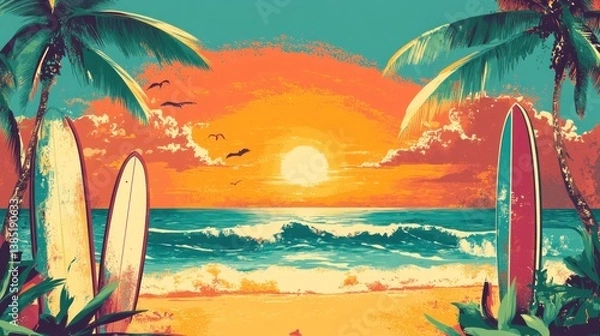 Fototapeta Tropical Sunset Beach Scene with Surfboards