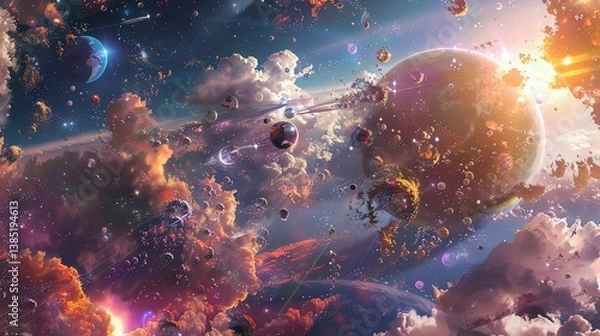Fototapeta An ethereal dreamscape of swirling clouds and floating planets.