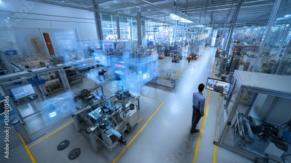 Fototapeta Manufacturing supervisor overseeing production line interface, quality control metrics, assembly automation, material flow tracking, efficiency optimization, maintenance scheduling  