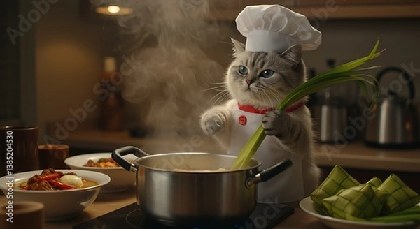 Obraz Cat Cooking in Chef's Hat Stirring Pot with Leek in Kitchen