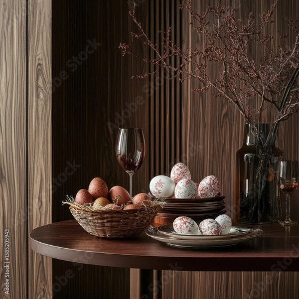 Fototapeta A stylish Easter dining arrangement featuring ceramic plates, silverware, and seasonal decor. The sophisticated and inviting table setup is ideal for hospitality, branding, and festive promotions.