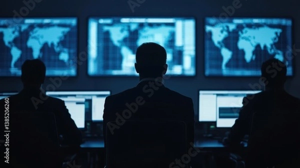 Fototapeta A group of people in suits are seated in front of multiple computer screens displaying global maps and data, set in a dimly lit environment.